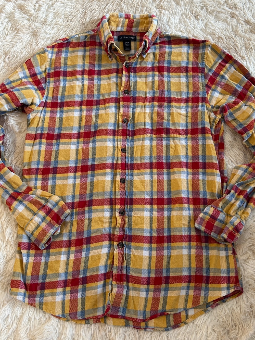 Lands' End Men's Yellow, Red and Blue Plaid Button-Down Shirt